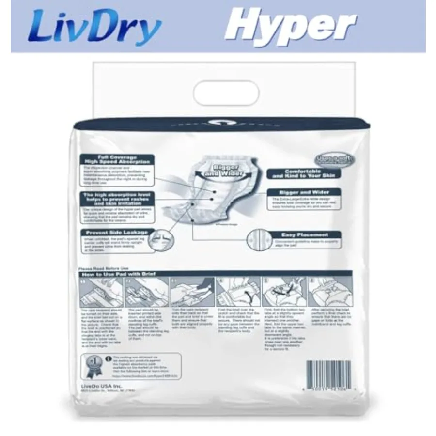 LivDry High Absorbency Pad Insert for Incontinence Briefs and Adult Diapers Women and Men Hyper 2400 18 Count