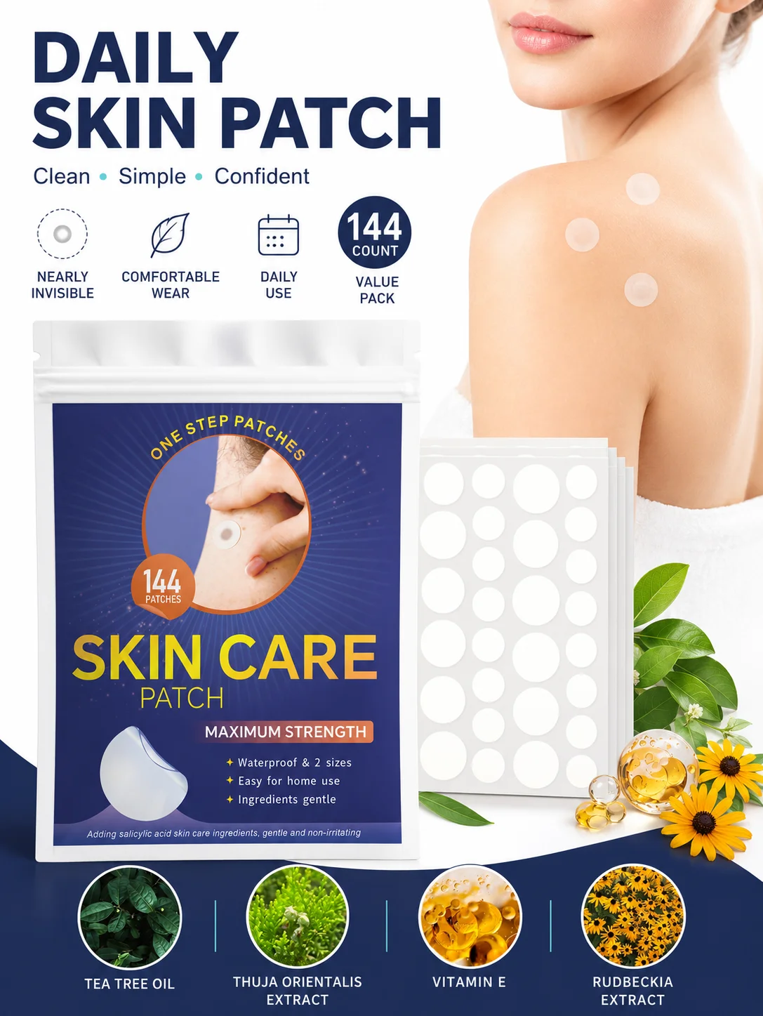 144pcs Hydrocolloid Blemish Patches Invisible Acne Spot Cover Pimple Patch for Face Skin Care Mixed Sizes