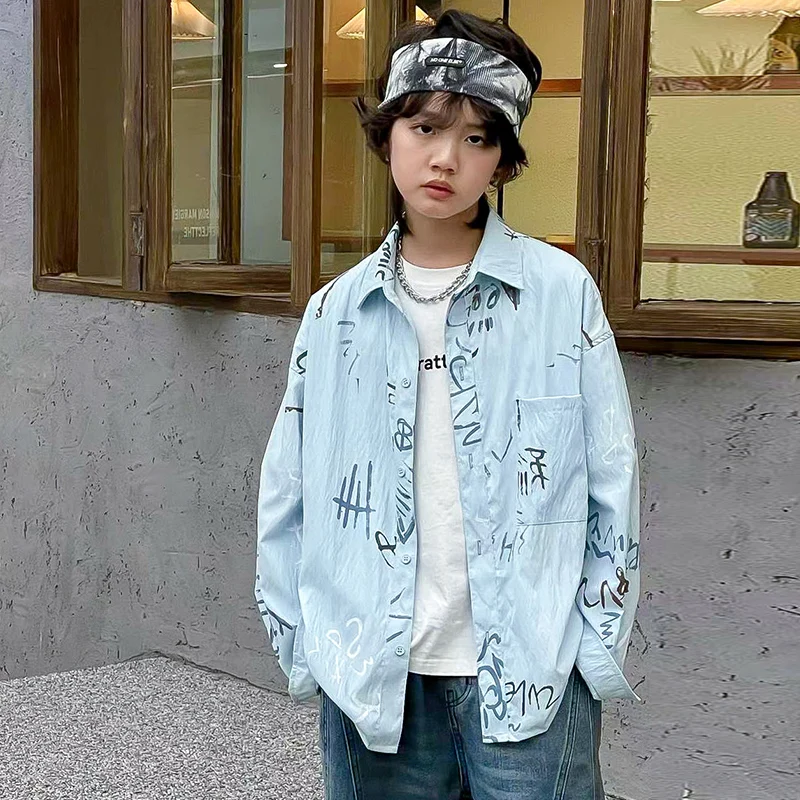 

Children Fashion Casual Skyblue Color Long Sleeve Letter Shirt with Pocket for Big Boys School Clothing Kids Autumn Blouse 5-14Y