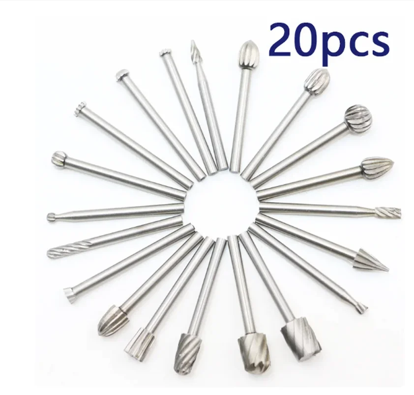 

20pcs 3.1mm Shank Rotary Milling Cutter Set Tool Grinding Accessories metal Polishing dremel bits Burr Electric Hss Carbide