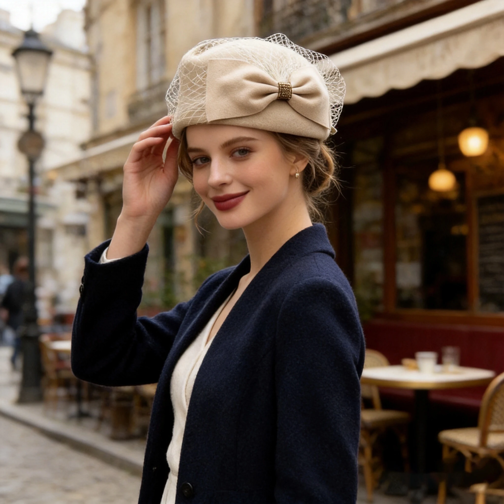 Women Vintage Wool Beret Hat Bow Birdcage Veil Elegant Retro Pillbox Cap Wedding Tea Party Formal Occasion Autumn Headwear