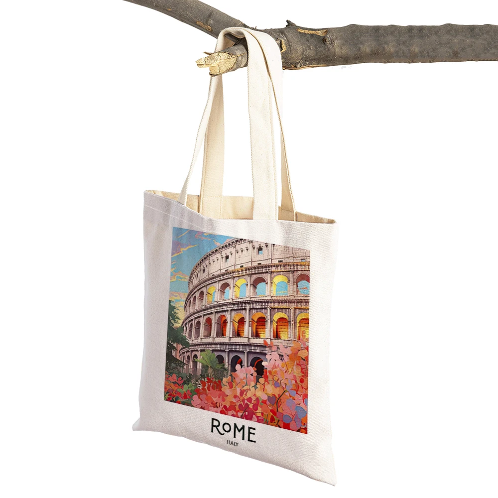 Vintage Landscape Shopper Bag Berlin Athens Rome Dubrovnik Women Shopping Bags Double Print Linen Handbags Shoulder Lady Tote