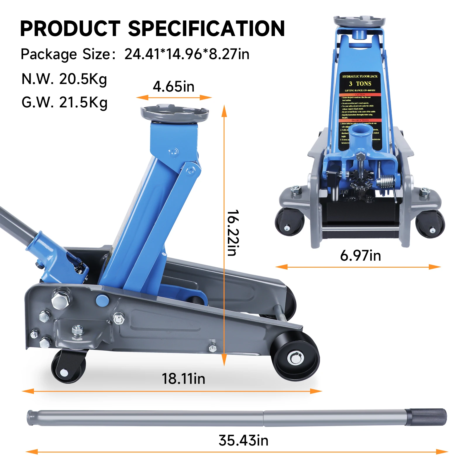 3 Ton Low Profile Floor Jack,Hydraulic Aluminium Steel Car Jack,Provide Stable Support,Lifting Range5.31to18.1