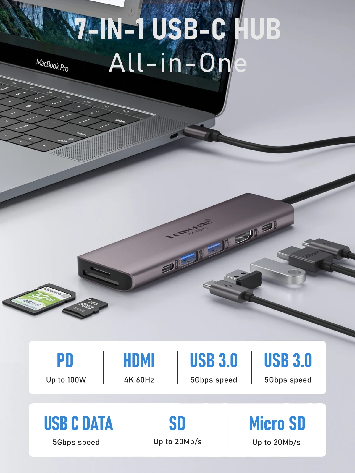 Lemorele 7in1 USB HUB محطة الإرساء USB c Hub HDMI 4K 60Hz USB 3.0 محول PD100W تهمة لماك بوك برو ملحقات الكمبيوتر المحمول