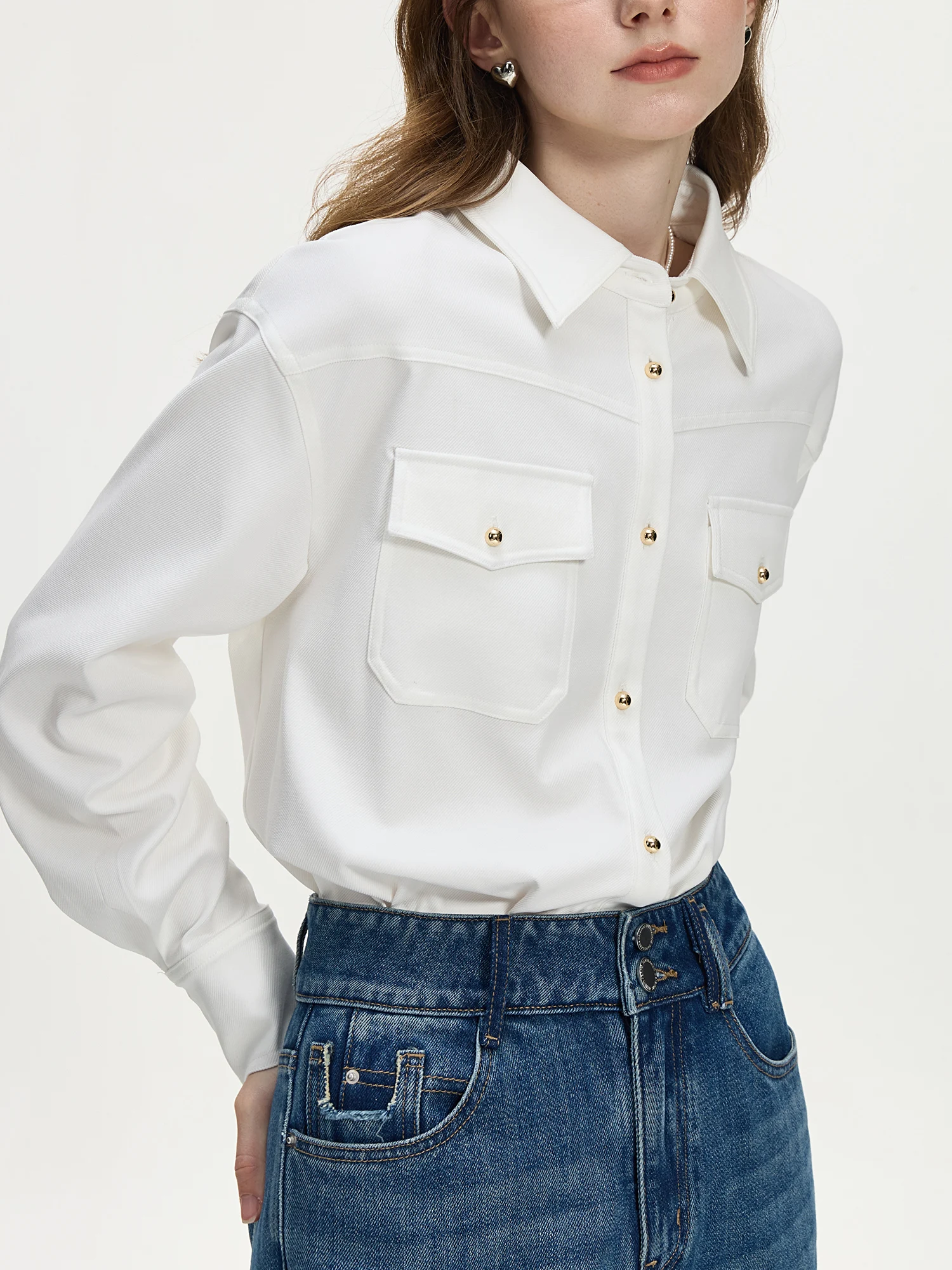 FSLE Women White Blouses Winter New Thick Long Sleeve Shirts Polo Neck Drop Sleeve Slightly Strech Office Lady Blouse 24FS14410