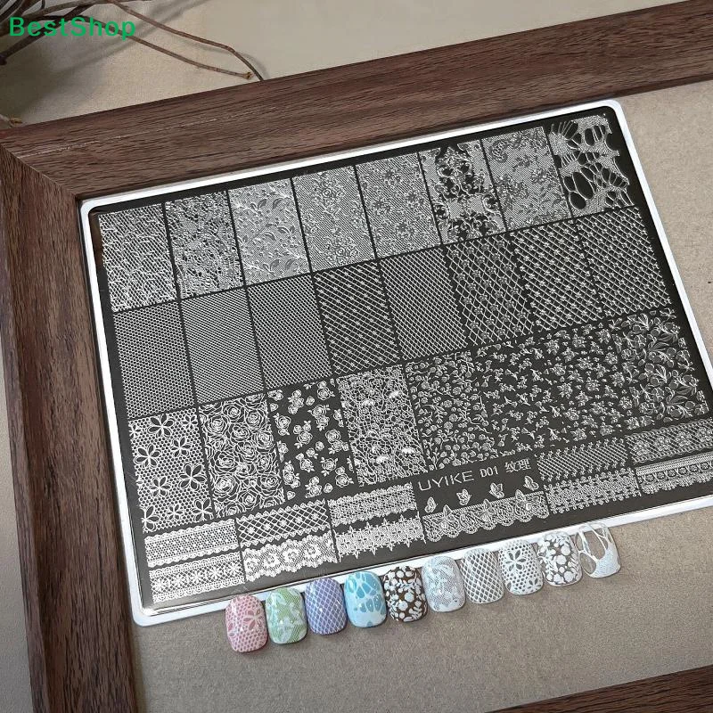 〔Q〕1Pcs Lace Texture Plus Nail Art Printing Steel Plate – Exquisite Floral Mesh Lace Border DIY Transfer Tool