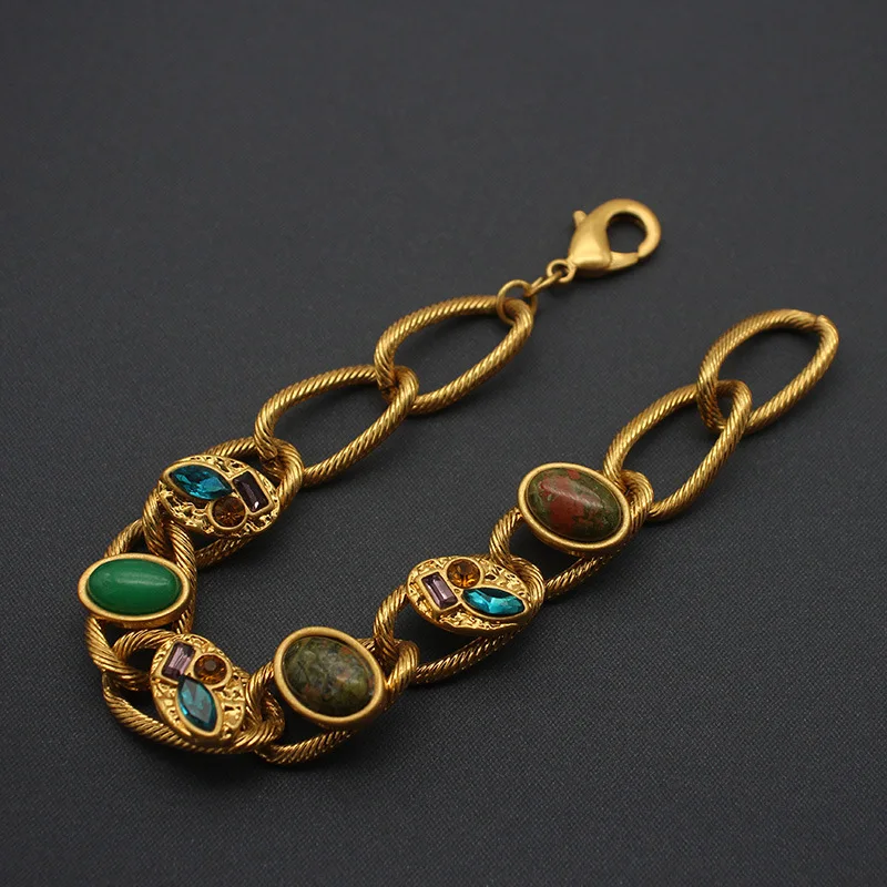 Gioielli medievali placcati in oro, bracciale con pietre preziose colorate, bracciale con gioielli, bracciale in oro da donna in stile medievale, stile esotico