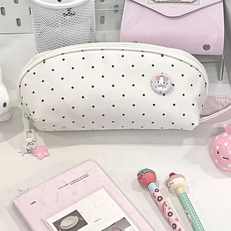 Niedliche weiße Polka-Dot-Federtasche mit großer Kapazität für Schüler, zur Aufbewahrung von Schulschreibwaren im täglichen Gebrauch. – Detail 5