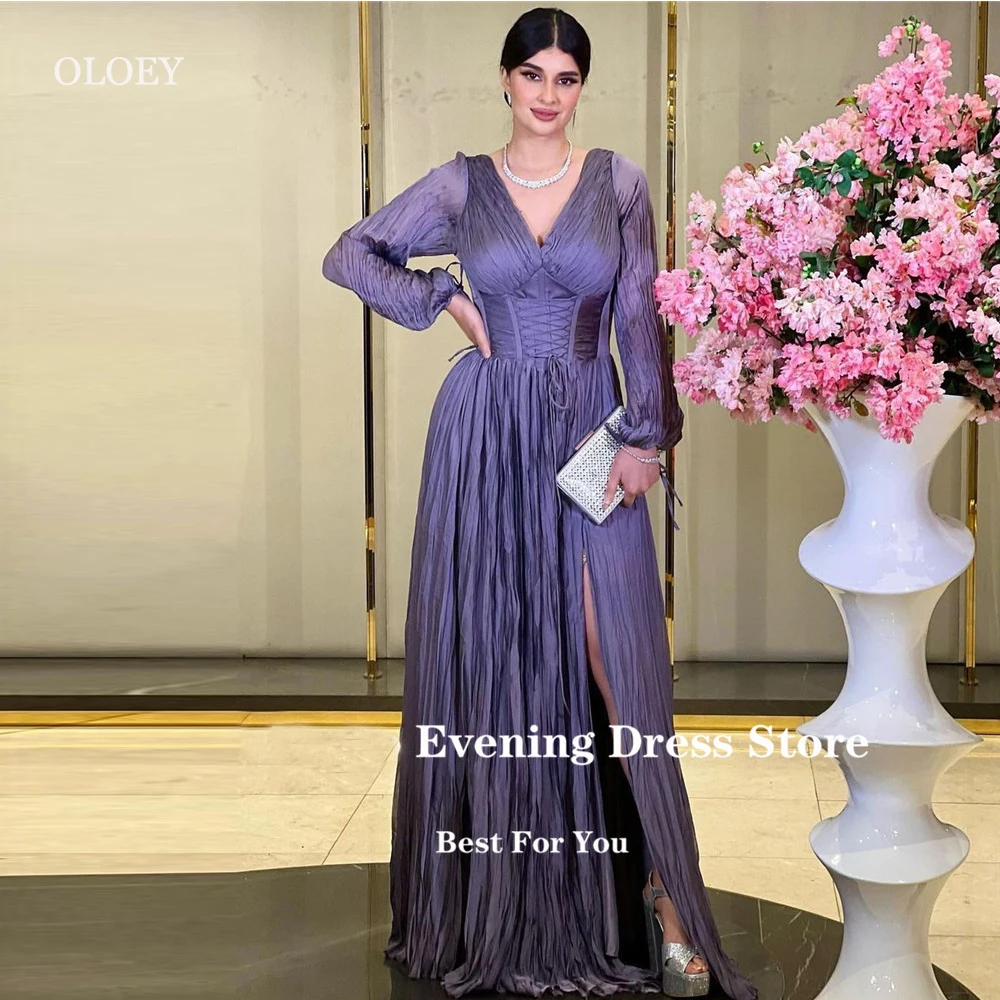 

OLOEY Simple Silk Draped Formal Evening Dresses Long Sleeves V Neck Corset Slit Arabic Dubai Women Green Prom Dress Modest