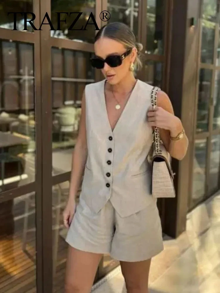 TRAFZA Zestawy spodni damskich Vintage Solid Single Breasted V Neck Vest Tops + Slim Zipper Fly Shorts 2024 Summer Office Lady Suit TRAF