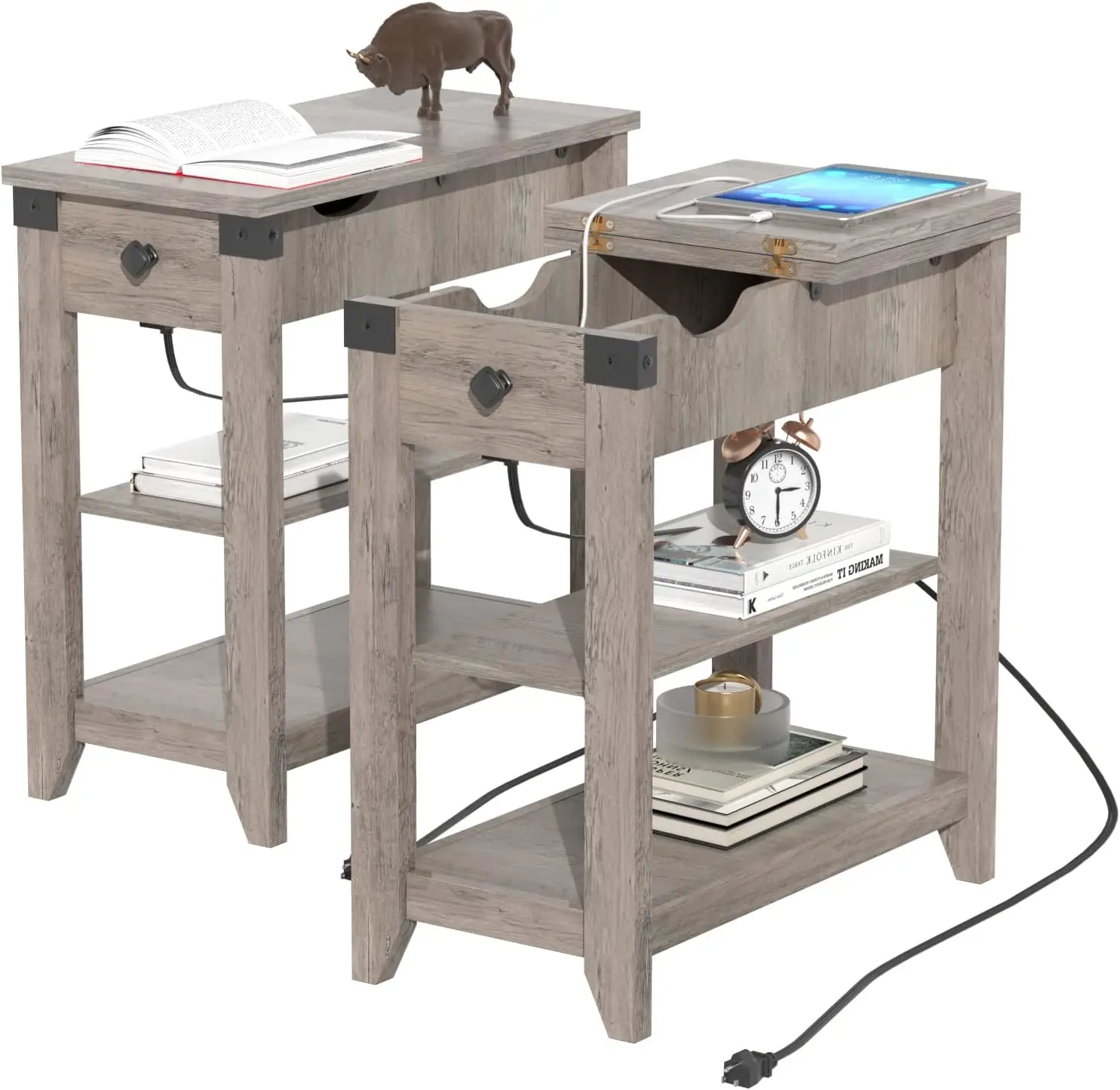

Set Of 2 Narrow End Tables, Flip Top Side Tables With Charging Station, Farmhouse Nightstands With Storage For Small Spaces,