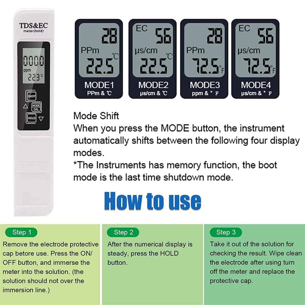 White Digital Water Quality Tester TDS EC Meter Range 0-9990 Multifunctional Water Purity Temperature Meter TEMP PPM Tester