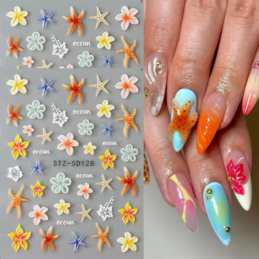 2 autocollants pour ongles Kawaii en forme d'étoile de mer, autocollants floraux 3D pour nail art, autocollants tropicaux d'été auto-adhésifs pour la décoration de manucure DIY