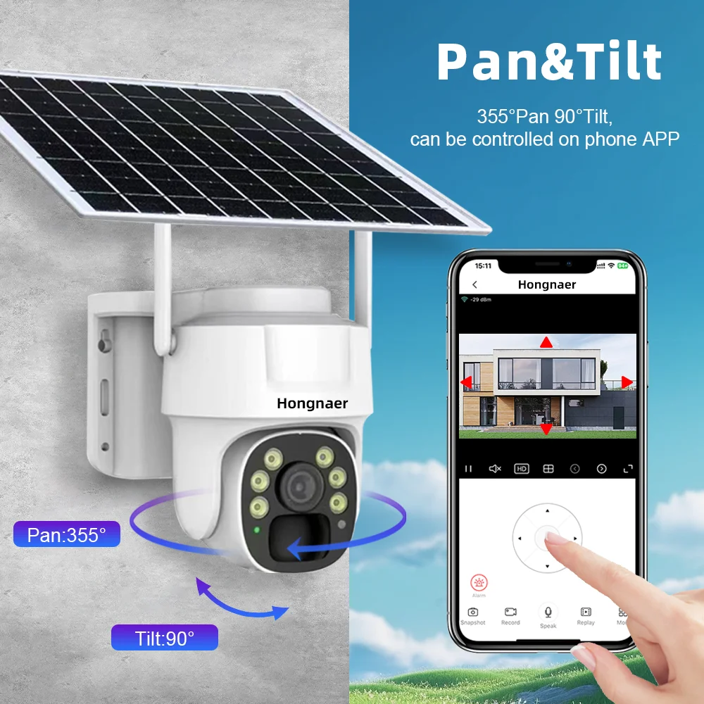Hongnaer 5MP V380 Pro Monitor Smart Home Wireless WiFi Solar Energy Panel Powered PTZ CCTV Outdoor Security CCTV Solar Camera