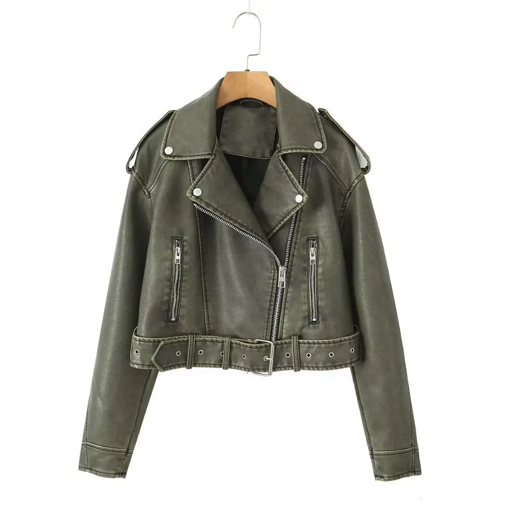 

Women's Fashion Zipper Decoration PU Leather Jacket Autumn Winter Slim Fit Street Style Short American Jacket