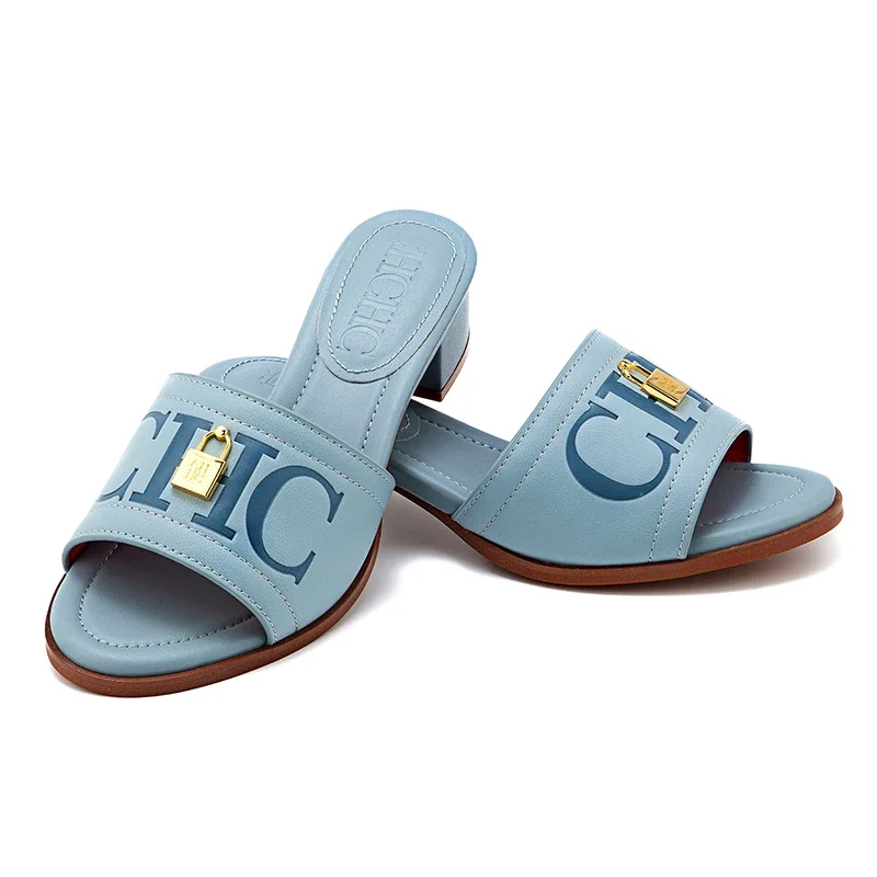 CH Fashion Monogram Print Elegant Design Women's Low Heeled Slippers Solid Color High Quality Metal Lock Simple Single Shoes