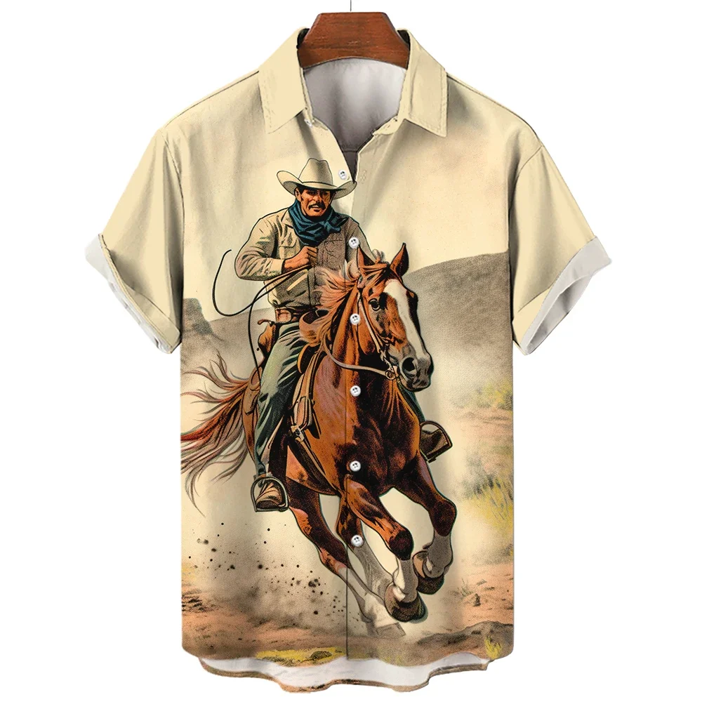 Retro Western Cowboy Men Car Girls Hawaiian Oversized Short Sleeve Shirt Street Luxury Tops Summer Clothing 3D Printed Clothing