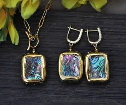 Z13276 Set 27mm Square Peacock Abalone Shell Gold Plating Earring Pendant CZ Custom Jewelry