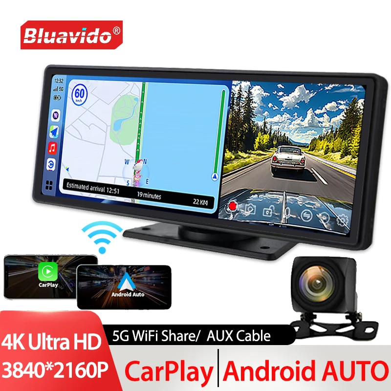 

Bluavido 10" IPS Screen 4K Dash Cam Support Wireless CarPlay Android Auto GPS Dual Camera DVR 5G WiFi LAN Connection AUX Audio