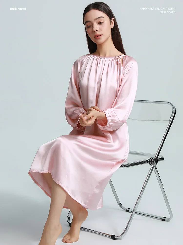 

19 мм 100% шелковый шелк, женская сорочка для отдыха, ночная рубашка миди, ночная рубашка с круглым вырезом и длинными рукавами, свободная ночная рубашка с галстуком-бабочкой, ночное платье