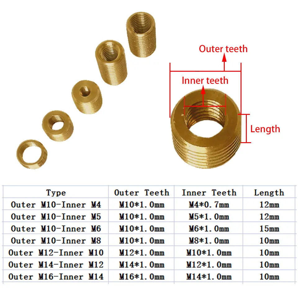 5Pcs/lot M12/M10 to M8/M6/M4 Inner And Outer Tooth Tube Pure Copper Conversion Screw Adapter Converter Hollow Tube