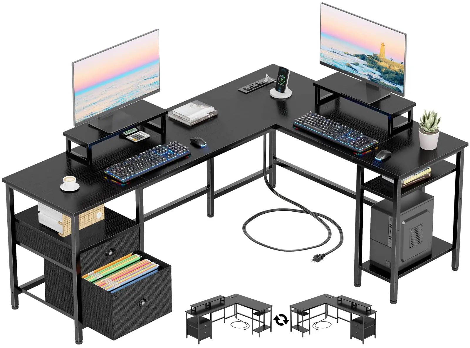 66 Inch L Shaped Desk with 2 Drawers and Power Outlet, Black | Reversible Computer Home Office Desk, 2 Monitor Stands
