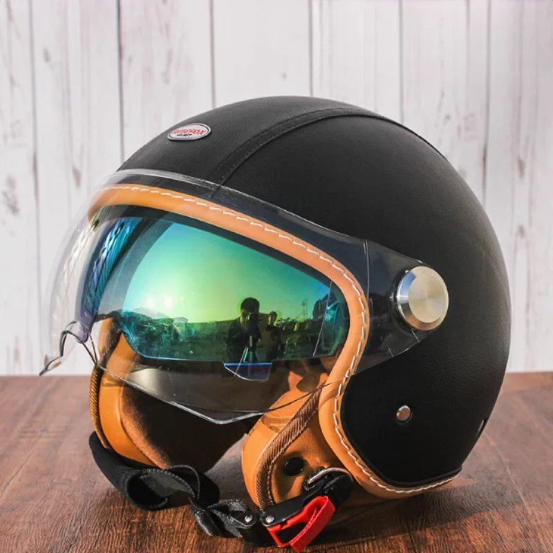 Casco de motocicleta de cuero marrón Vintage Unisex Jet con visera 3/4 medio casco abierto casco de seguridad Retro Universal