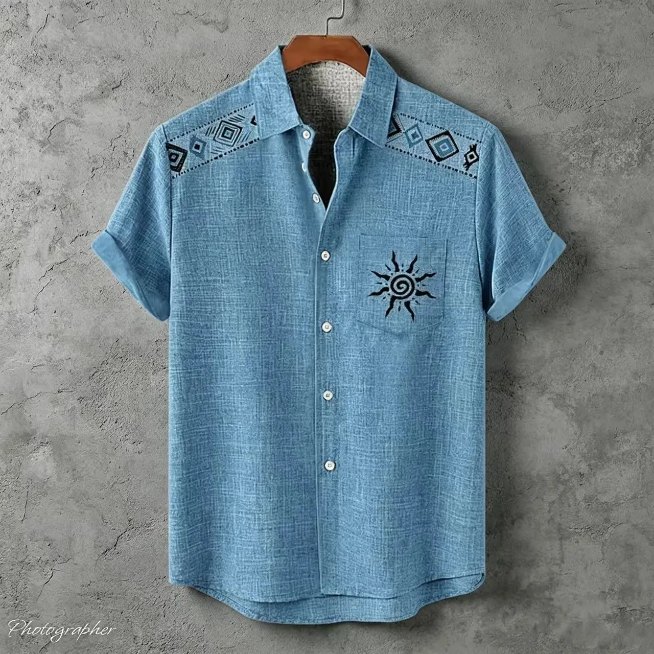 Men's Linen Short-Sleeved Shirt, Ethnic Tribe 3D Printed Sun Pattern, Breathable Summer Beach Shirt, Retro Bohemian Style
