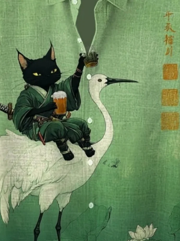 Men's Retro Calligraphy Art Black Cat And Crane Print Short Sleeve Shirt Vintage Harajuku Green Blouse Fashion Lapel Collar Tops