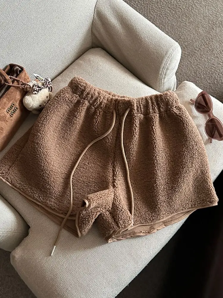 กางเกงขาสั้นแบบมีเชือกผูกเอว สำหรับฤดูใบไม้ร่วงและฤดูหนาว ผ้าหนา อุ่น ยืดหยุ่น เอวสูง ทรงหลวม ขากว้าง