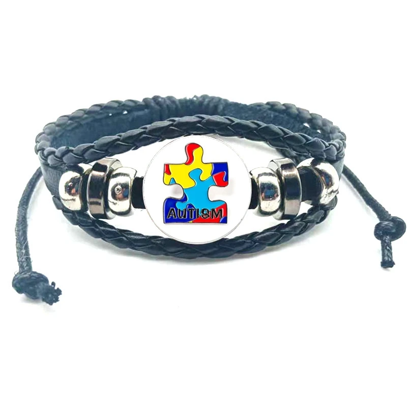 Autism Awareness Bracelet Holder Red Ribbon Puzzle Love Cabochon Glass Multilayer Charm Leather Bracelet Men Women Jewelry Gifts image 6