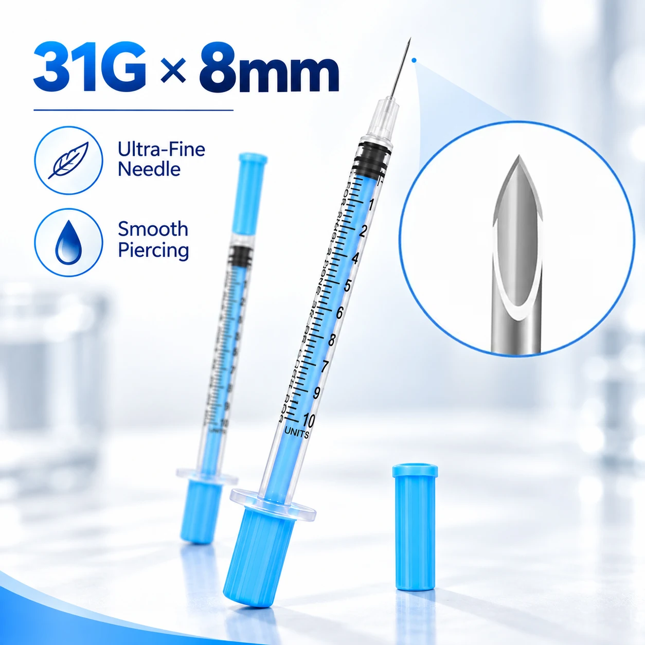 100Pcs/Box, 1ml Blue Insulin Syringe 31G×8mm Disposable Sterile with 5/16inch Needle for Home,Pets Veterinary Use