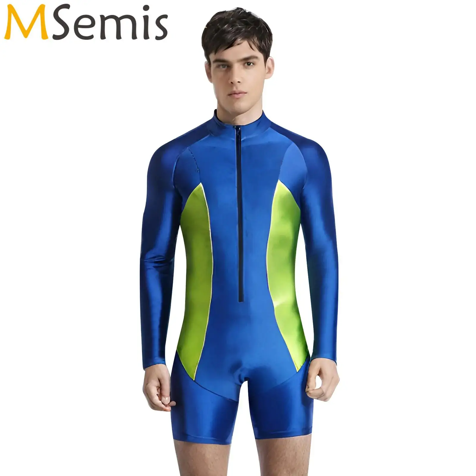 

Mens Shorty Wetsuit Swimsuit Front Zipper Bodysuit Swimwear for Swimming Bathing Suit Long Sleeve Diving Snorkeling Bodysuit