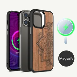 Carved Wood Phone Case Magnetic Case For iPhone 14 13 12 11 15 Pro Max Plus Mini For Magsafe Wireless Charge Cover