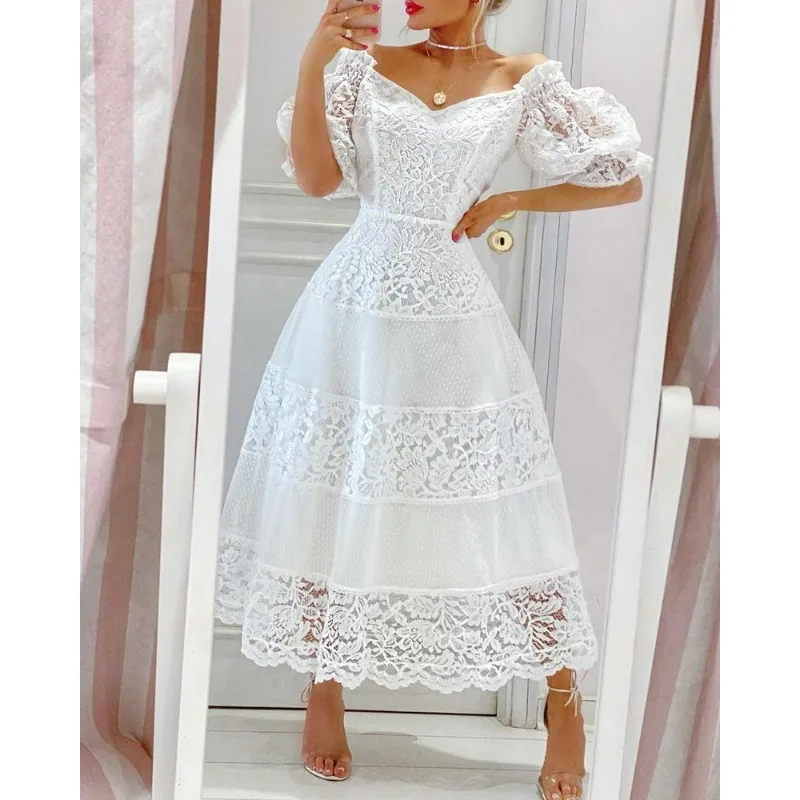 2023 Wedding Long Dresses White Floral Dress Women Summer Elegant Puff Sleeve Slash Neck Dress Lace Stitching Slim Party Prom