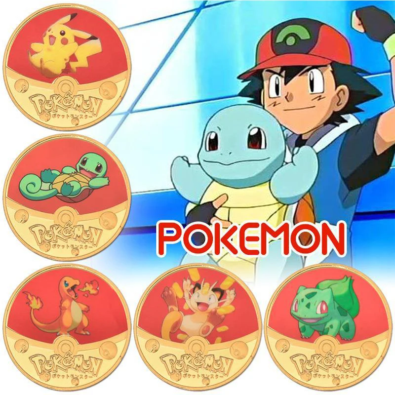 Gold Pocket Monster Collection Coin Set Cartoon Anime Pikachu Pocket Monster Letter Metal Circular Commemorative Coin Toy Gifts