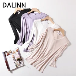 Woman Casual T Shirts Basic V Neck 3/4 Sleeves Real Silk Blend Cozy Tee 2023 Spring Summer New Chic Top DALINN