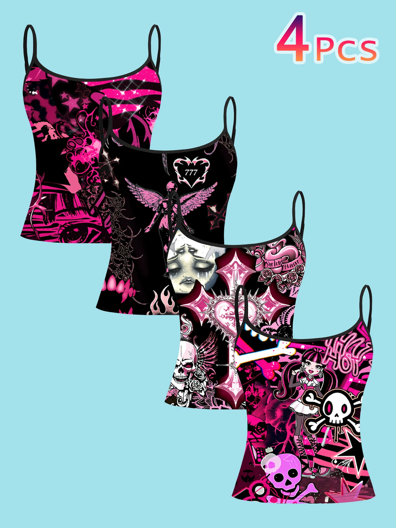 4-Piece Set of Women's Y2K Black and Pink Sweet Cool Printed Camisoles with Angel Cross, Cartoon Girl, Skull, Star, and Flame Designs, Slim-Fit Spaghetti Strap Inner Tops