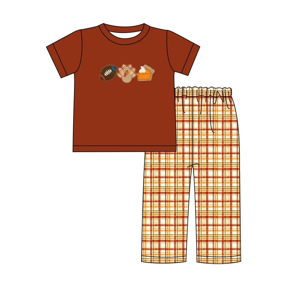 Baby New Cotton Short Sleeve T-shirt Set Round Neck Thanksgiving Turkey Embroidery Boy Brown Top Clothes And Lattice Girl Pants