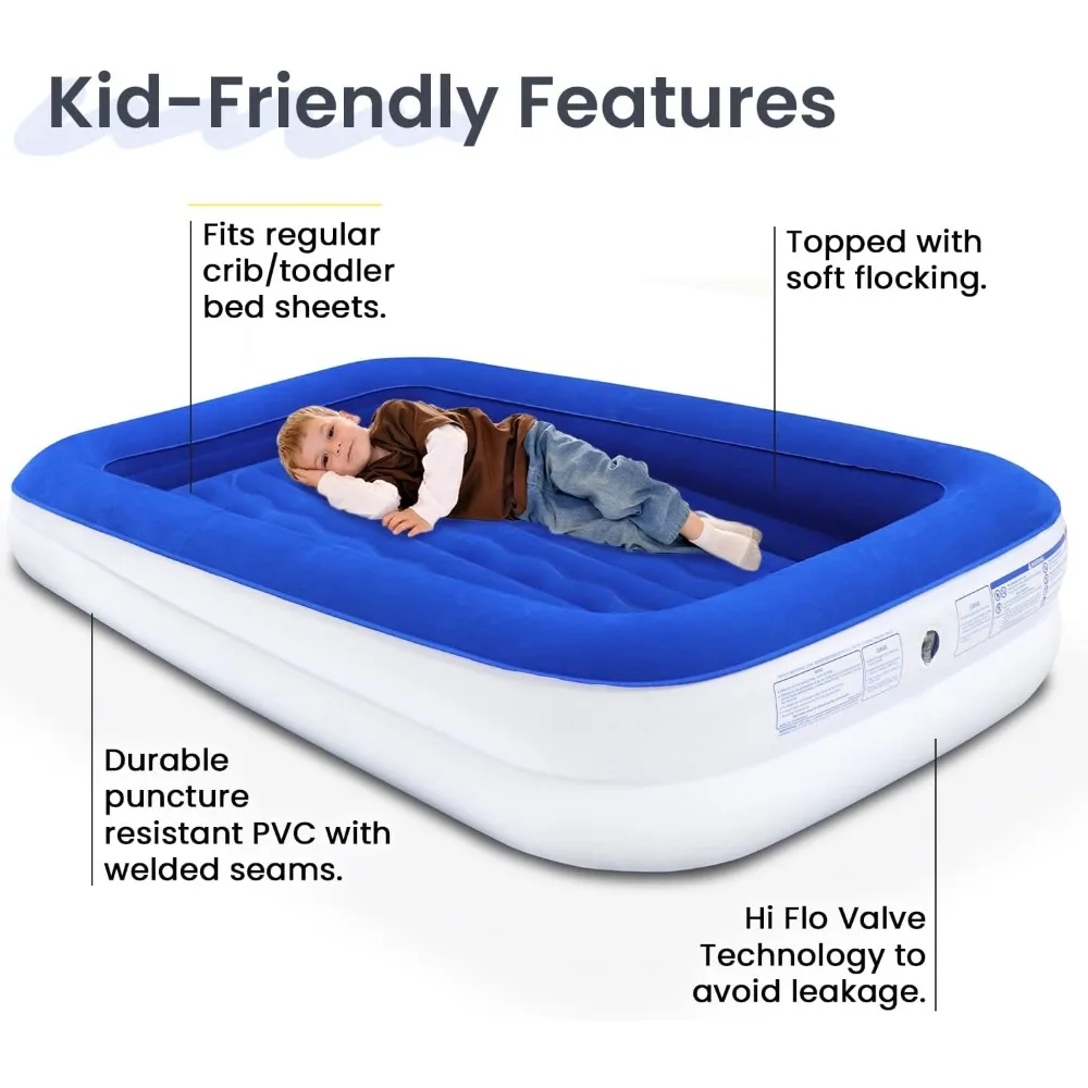 XMSJ Toddler Inflatable Childrens Airbed, Travel Bed with Built-in Safety Bumper, Portable Air Mattress for Kids