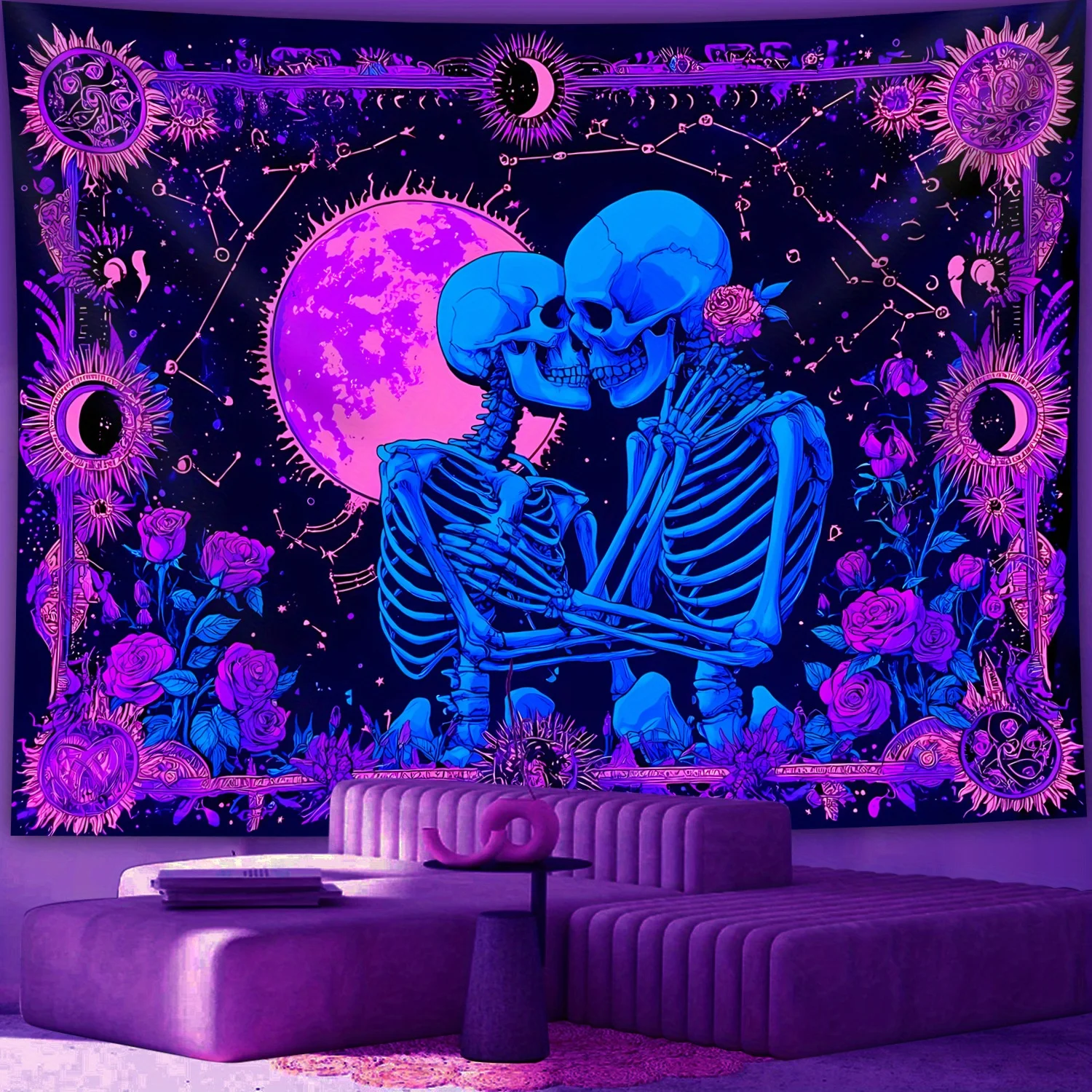 VIKAMA Kissing Skeleton Couple Tapestry Purple Moon Rose Wall Hanging Gothic Witchy Aesthetic Backdrop for Bedroom Party Decor