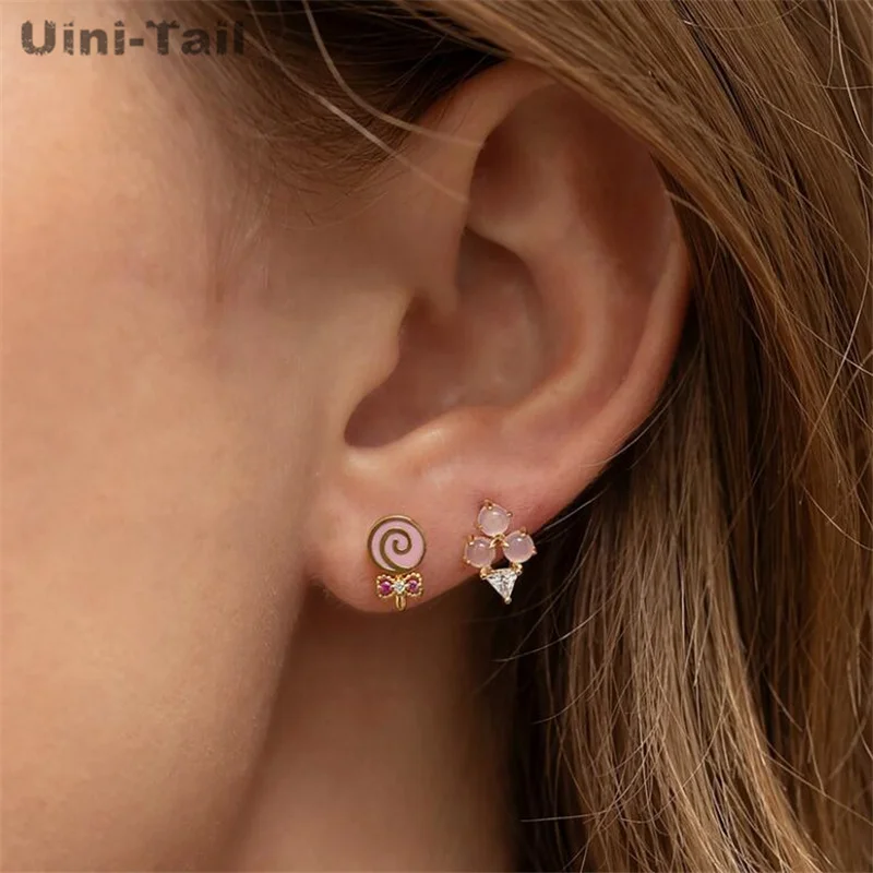 Uini-Tail\'s new 925 Tibetan silver sweet ice cream lollipop micro-set earrings temperament simple summer dessert series earrings