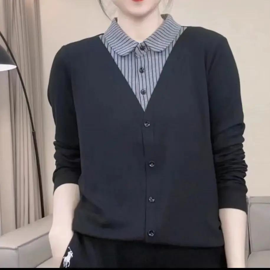Women's Fashion Lapel Patchwork Fake Two Piece Stripe Blouse 2026 Spring Autumn New Versatile Base Layer Office Top