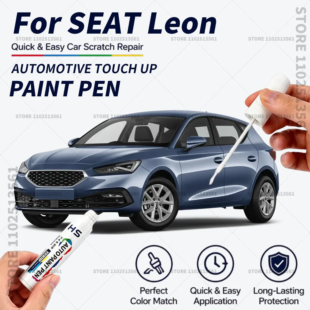 For SEAT Leon Quick Dry Car Touch Up Paint Pen Auto Scratch Repair Brush for Paint Chips Scratches and Scuffs Silver Blue White