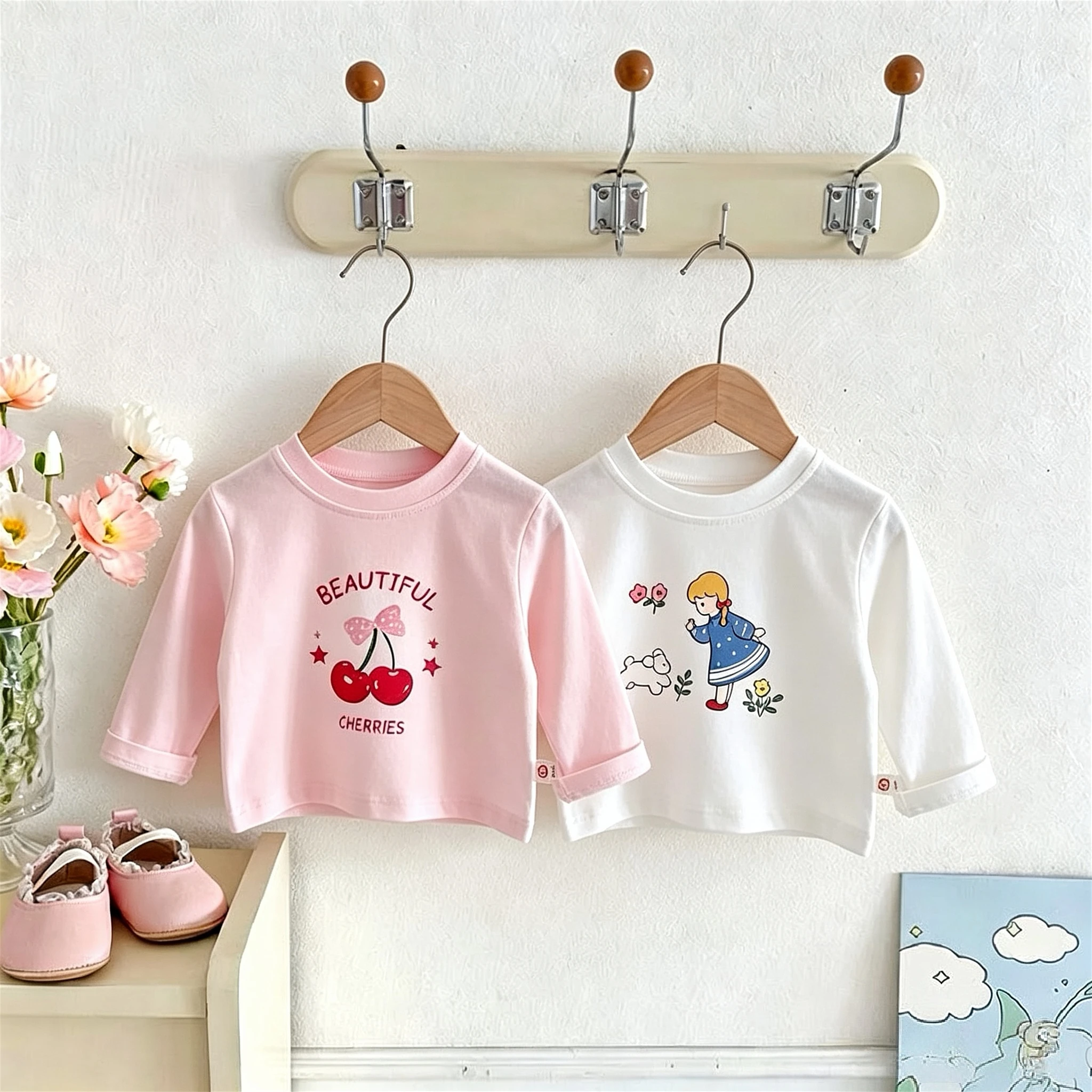 Baby Girls And Boys Printed Fashion Long Sleeve Tops Korean Style Casual Crewneck Pullover Base Shirt Children's Clothes 1-7year