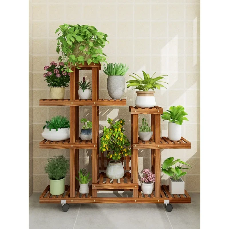 Flower shelf, flower pot, multi-layer indoor balcony, anti-corrosion wood flower stand against the wall, living room floor-to-ce