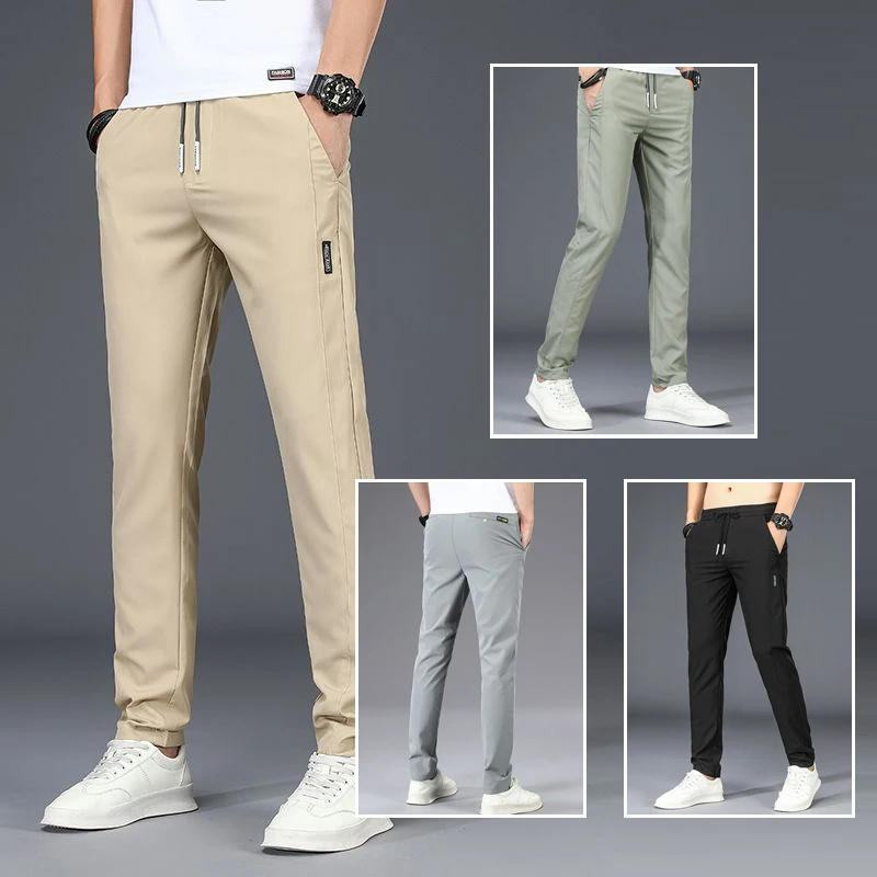 

2025 Summer New Men Ice Silk Casual Pants Male Slight Strech Straight Slacks Pants Formal Chic Khaki Trousers