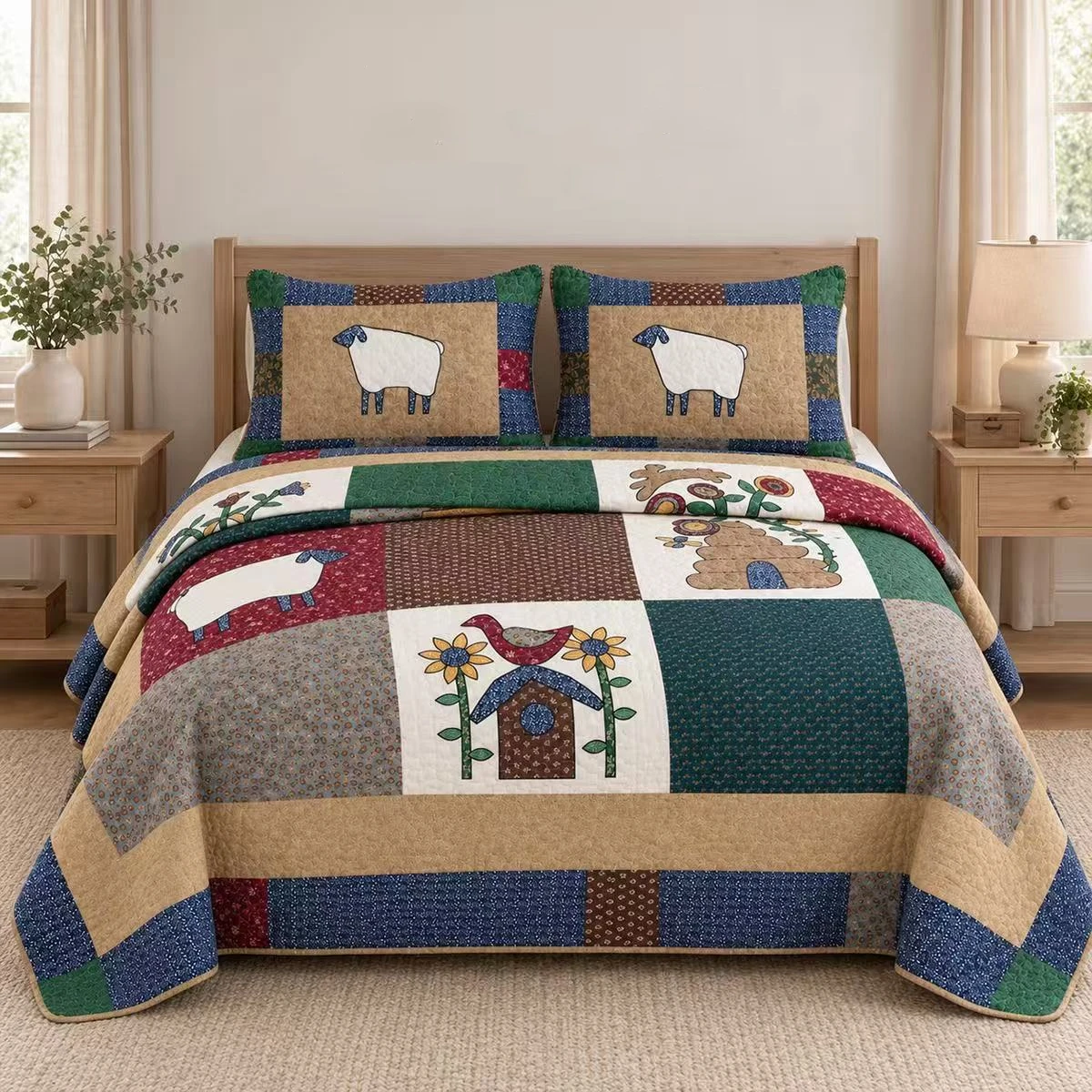 3pcs Pure Cotton Quilted Bedspread Set Cartoon Lamb Printed Bed Cover Queen King Size Coverlet Double Bed Quilt Non-slip Sheet
