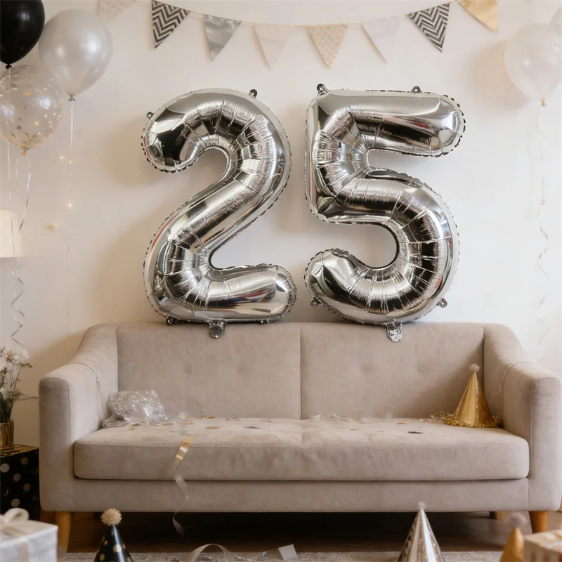 

2Pcs 32inch Silver Number 25 Foil Balloons Happy Birthday Party Decoration Adult 25th Birthday Wedding Anniversary Party Supplie