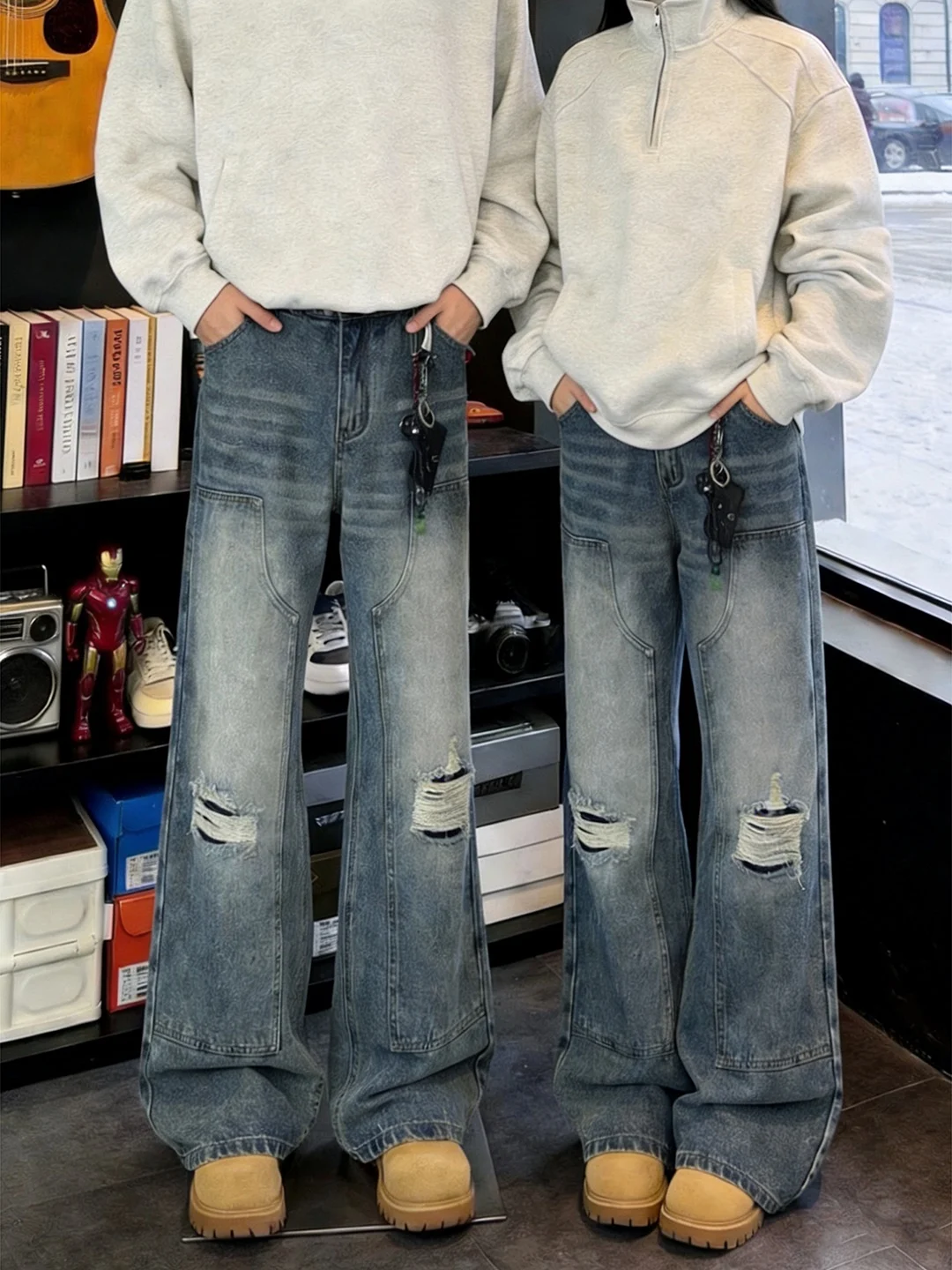 

Retro Blue Men's Knife Denim Jeans American Waed Splicing Wide Leg Pants Cleanfit Micro Flared Pants Casual Spring Autumn